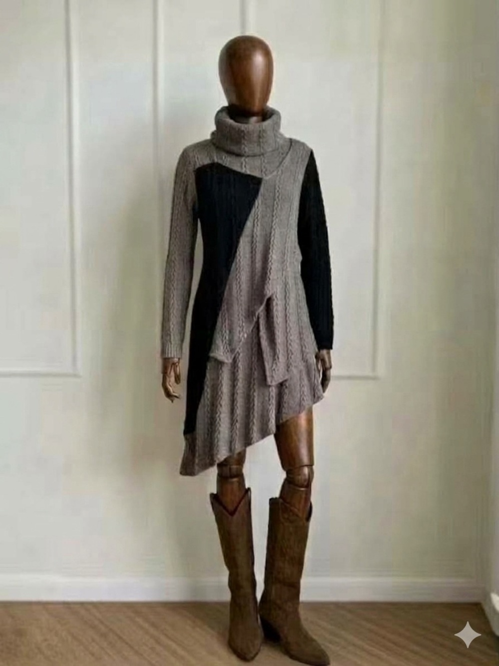 REBORN Asymmetrical Colorblock Cable Knit Sweater Dress Tunic Cowl Neck L